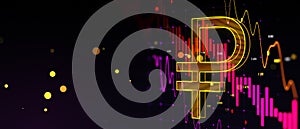 Creative falling forex chart with golden ruble icon on purple dark bokeh grid background. Trade, money, finance and crisis concept
