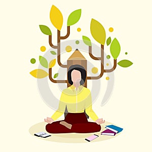 Creative female writer, author sitting on pencil background and book, volume, flat vector illustration. Meditation