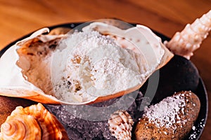 Creative Fine Dining: Crab mix with snow flake that made from macadamia, hoseradish and dashi-junsai served in crab shell.