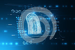 Creative finger print hologram on blurry backdrop. fingerprint, biometrics, information technology and cyber security concept. 3D