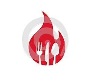 creative fire flame and eating tools spoon knife and fork logo vector