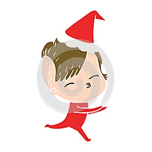 A creative flat color illustration of a girl in onesie wearing santa hat