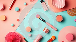 Flat lay of colorful makeup products on pastel backgrounds