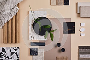 Creative flat lay composition of interior designer and architect mood board. Textile and paint samples, lamella panels.