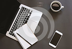 Creative flat lay design of workspace desk with laptop