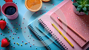 Creative flat lay of notebooks, colored pencils, and fresh strawberries on a blue background