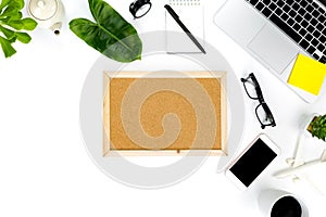 Creative flat lay photo of modern workplace with laptop, top view laptop background and copy space on white background, Above view