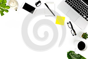 Creative flat lay photo of modern workplace with laptop, top view laptop background and copy space on white background, Above view