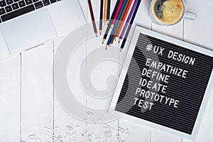 Creative flat lay photo of UX designer working desk and ux design process text on black felt board. User experience design process