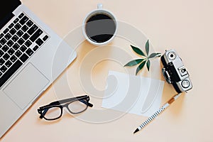 Creative flat lay photo of workspace desk