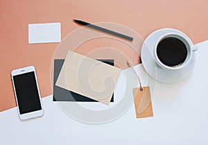 Creative flat lay photo of workspace desk