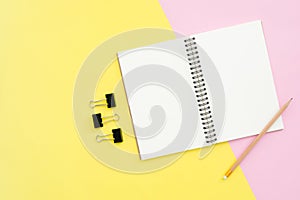 Top view office desk with open mock up notebooks and pencil and plant on pastel colour background.