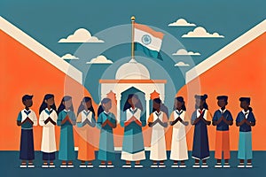 Creative flat vector illustration of Indian students and faculty teachers standing in front of Indian tricolor flag in school.