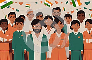 Creative flat vector illustration of Indian students and faculty teachers standing in front of Indian tricolor flag in school.