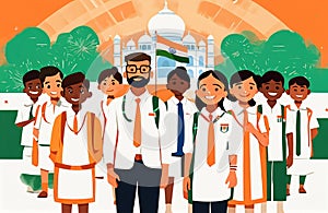 Creative flat vector illustration of Indian students and faculty teachers standing in front of Indian tricolor flag in school.