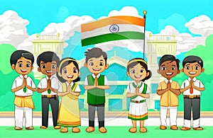 Creative flat vector illustration of Indian students and faculty teachers standing in front of Indian tricolor flag in school.