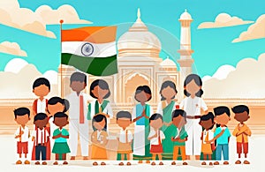 Creative flat vector illustration of Indian students and faculty teachers standing in front of Indian tricolor flag in school.