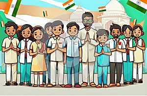 Creative flat vector illustration of Indian students and faculty teachers standing in front of Indian tricolor flag in school.