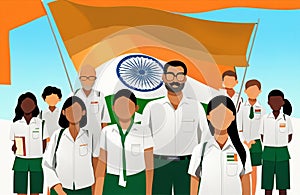 Creative flat vector illustration of Indian students and faculty teachers standing in front of Indian tricolor flag in school.