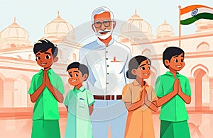 Creative flat vector illustration of Indian students and faculty teachers standing in front of Indian tricolor flag in school.