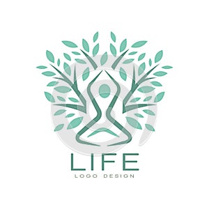 Creative flat vector life logo with abstract human silhouette in yoga pose and green leaves of tree. Harmony with nature