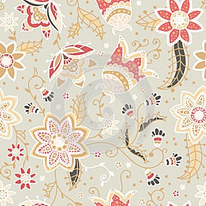 Creative floral seamless pattern with abstract doodle flowers, vintage background in beige, red and yellow natural - great for