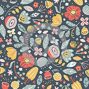 Creative floral seamless pattern in sketch style. Vector hand drawn illustration of blooming flowers and herbs in