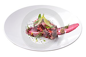 creative flow salad, haute cuisine, isolated, red beets, mushrooms, dill