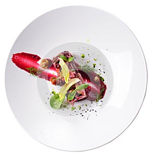 creative flow salad, haute cuisine, isolated, red beets, mushrooms, dill