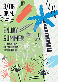 Creative flyer or poster template decorated with exotic plants, tropical palm trees, paint stains and blots for summer