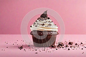 Creative food composition. Chocolate cupcake muffin with cream frosting sprinkles on pink background.