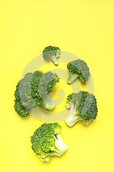 Creative food concept. Fresh raw green broccoli on yellow background. Healthy vegetables, diet vegan organic food, vitamins. Flat