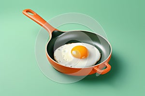 Creative food concept with fried egg on pan over yellow background. Top view. Creative pattern in minimal style. Flat