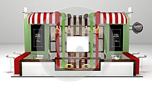 Creative food exhibition stand design. Trade booth template. Corporate identity 3D Render