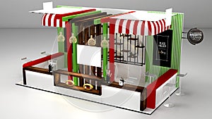 Creative food exhibition stand design. Trade booth template with eye bird view. Corporate identity 3D Render