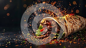 Creative food image of Mexican Tacos de Cochinita Pibil and onion with habanero chili falling on traditional mexican