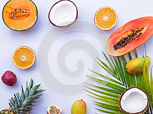 Creative frame with tropic fruits and palm leaf on the white background,