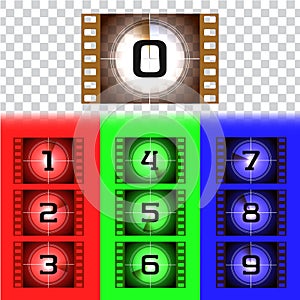 Creative frames countdown to the start numbers of the film. Old film movie timer count. Retro cinema filmstrip count down slides