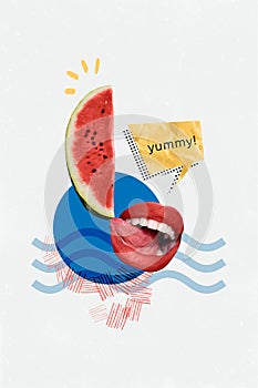 Creative freak strange template collage of human lips feel hungry enjoying tasty juice water melon slice on summer