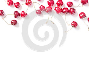 Creative fresh cherry pattern background with copy space. Food concept.  Top view.