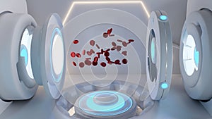 Creative future technology red blood cells and robot medical devices in a room 3d-illustration photo