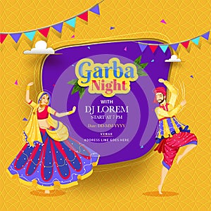 Creative Garba Night poster or invitation card design with couple dancing on abstract.