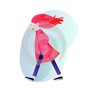 Creative girl in a coat walking alone illustration