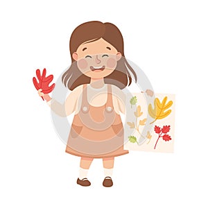 Creative Girl Glueing Autumn Leaf on Paper Making Handcrafted Item Vector Illustration