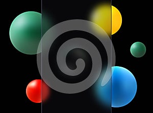 Creative glass morphism background. Transparent glass partition with multi-colored geometric spheres on a black