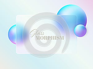 Creative glass morphism illustration design with transparent frame and blue floating spheres.