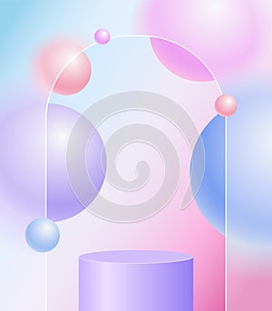 Creative glassmorphism illustration design with transparent frame, colorful floating spheres and podium for presentation
