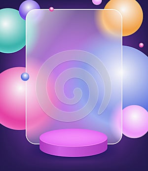 Creative glassmorphism illustration design with transparent frame, colorful floating spheres and podium for presentation