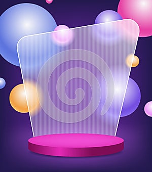 Creative glassmorphism illustration design with transparent frame, colorful floating spheres and podium for presentation