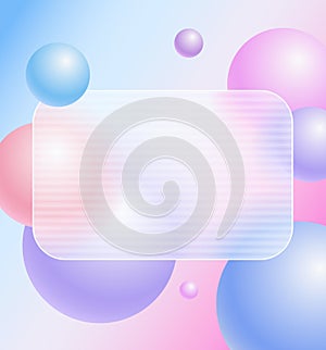 Creative glassmorphism illustration design with transparent frame and floating spheres template